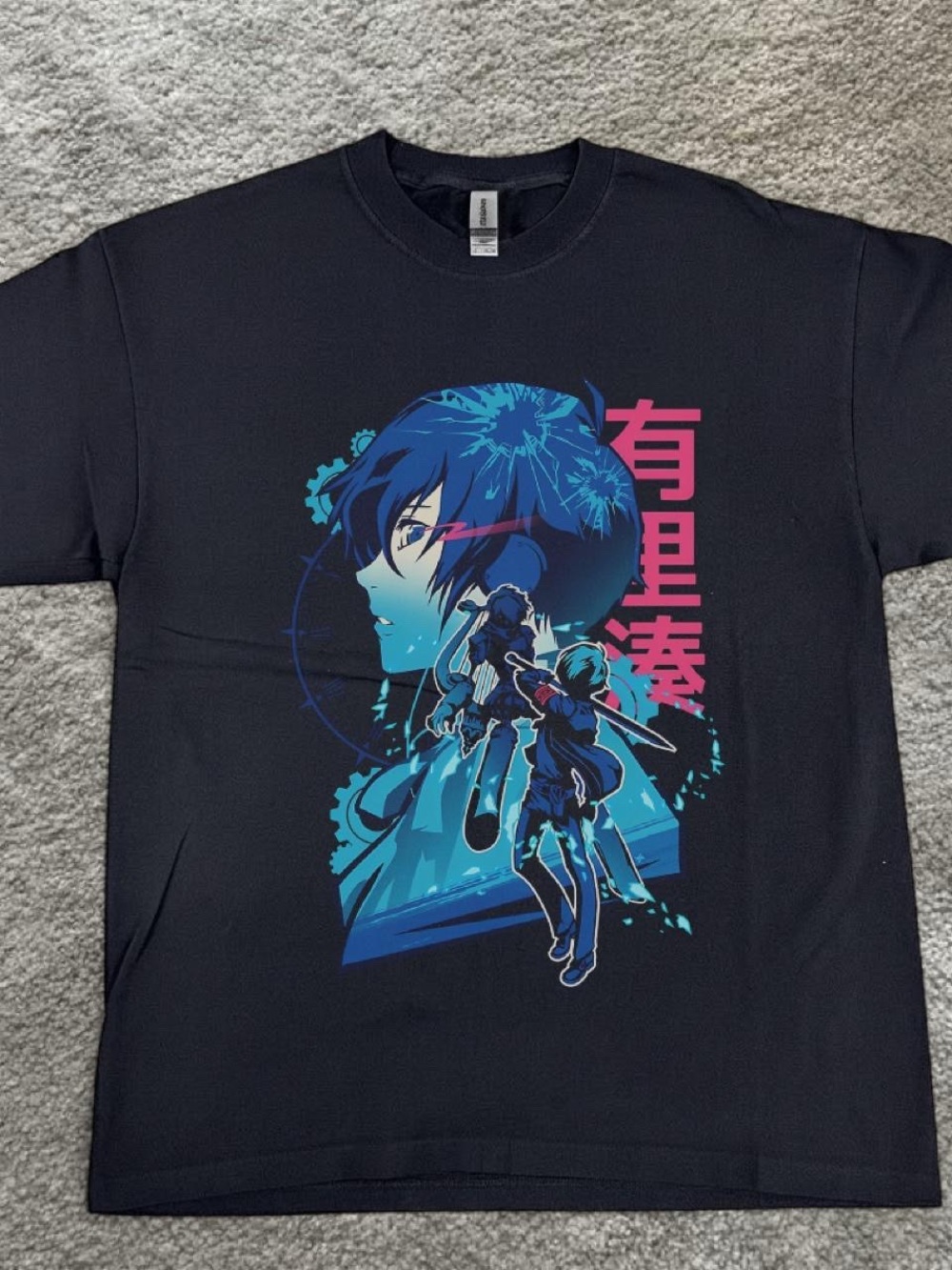 Gildan Black Tee with Blue & Pink Anime Graphic
